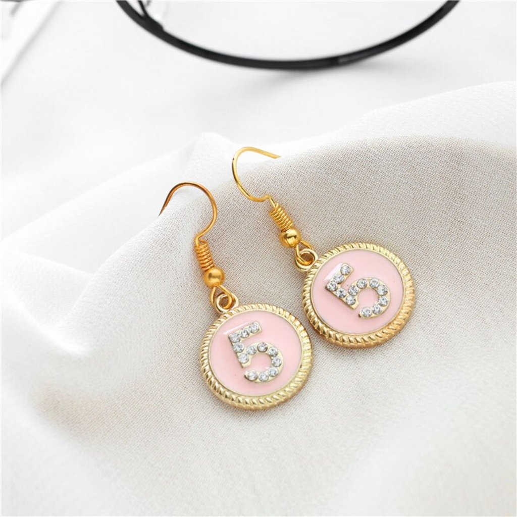 No 5 Gold Pink Enamel Round Coin Style Earrings 19$